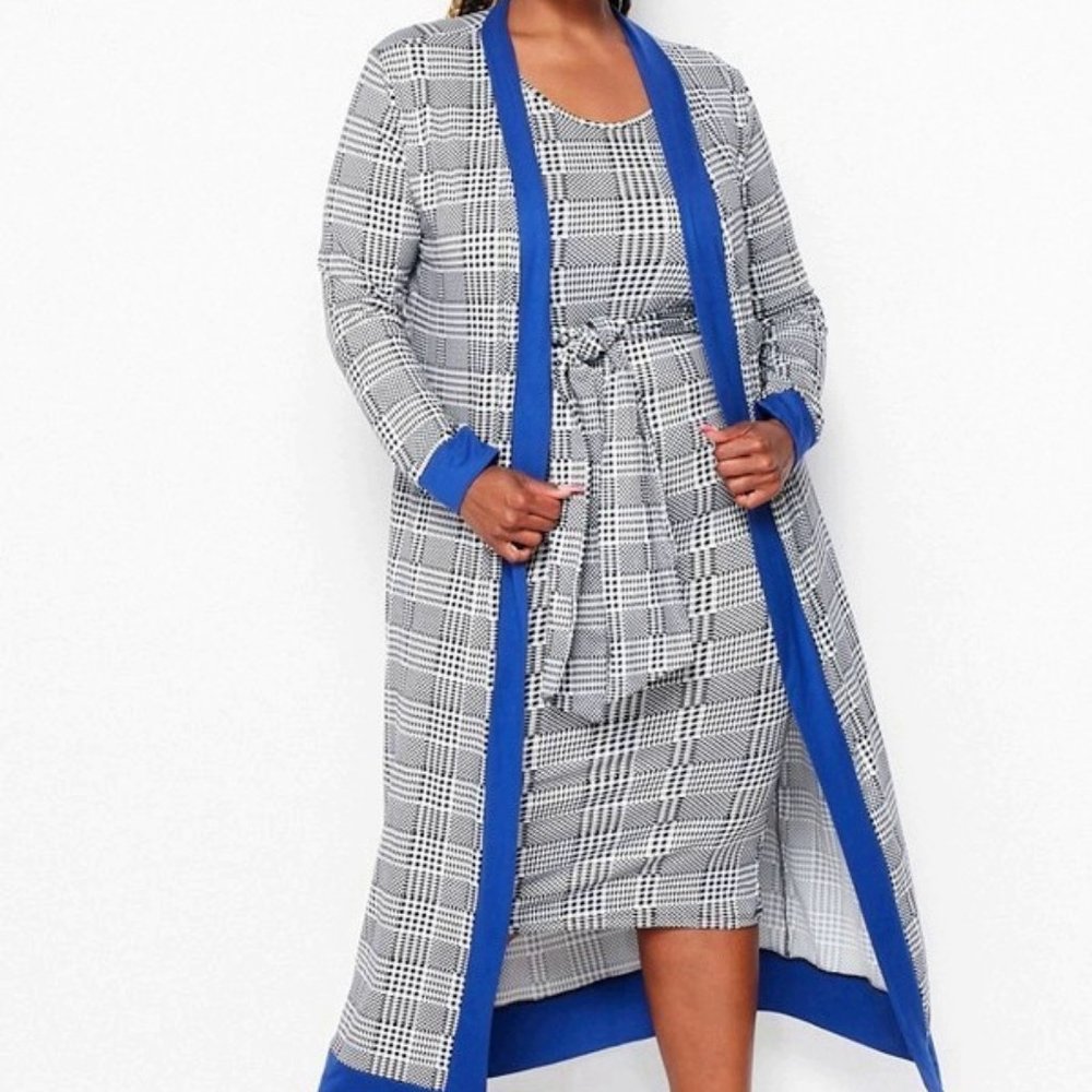 Women Plus size 2 piece Midi Dress with tie sash at waist and Jacket